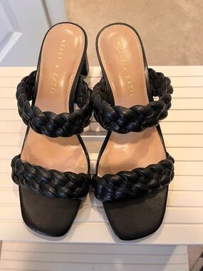 Kelly & Katie Black Braided Two-Strap Block Heel Mules